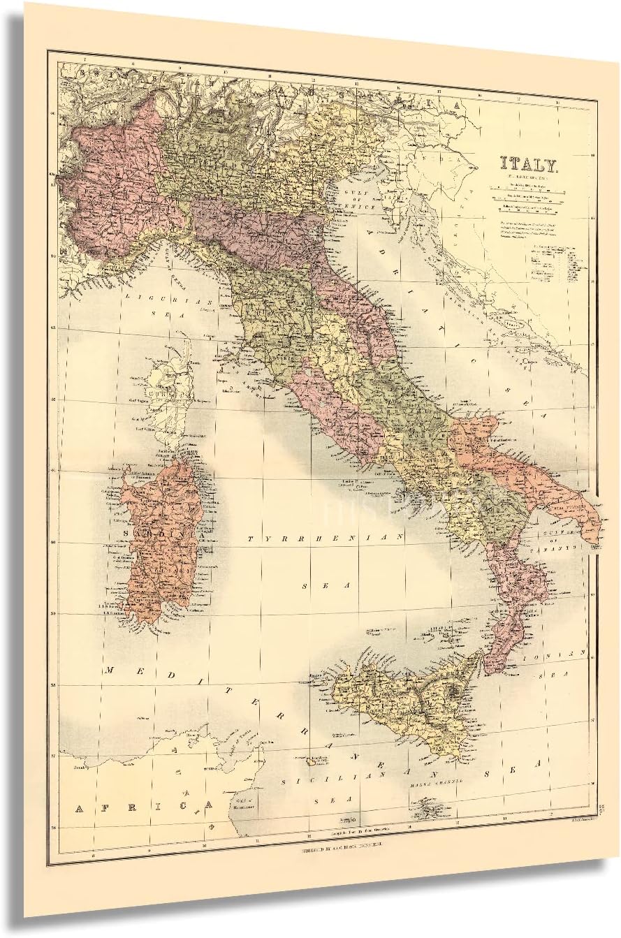 HISTORIX Vintage 1890 Italy Map - 18x24 Inch Vintage Poster Map of Italy Wall Art - Italy Wall Map History - Old Wall Map of Italy