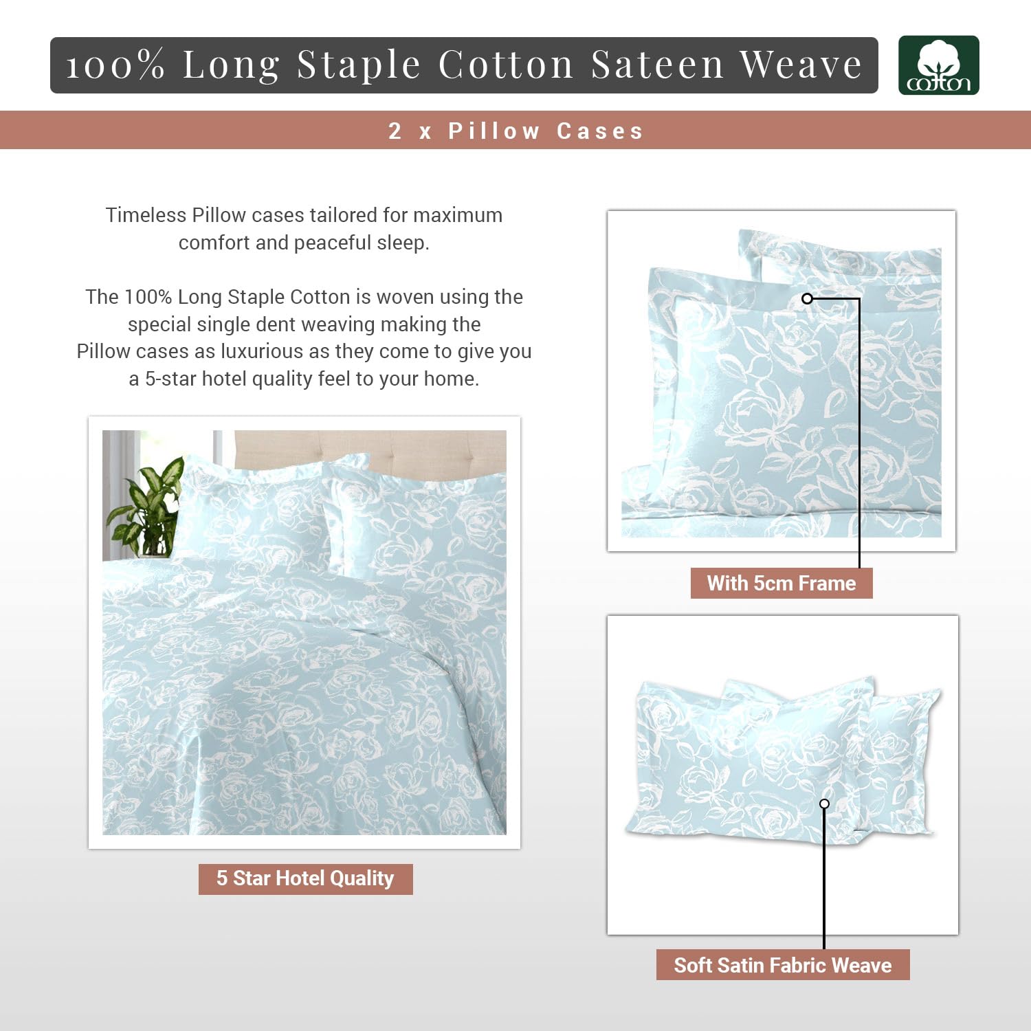 Pizuna Cotton Simply Floral Blue Printed King Size Oxford Pillow Cases 2 Pack - Image 3