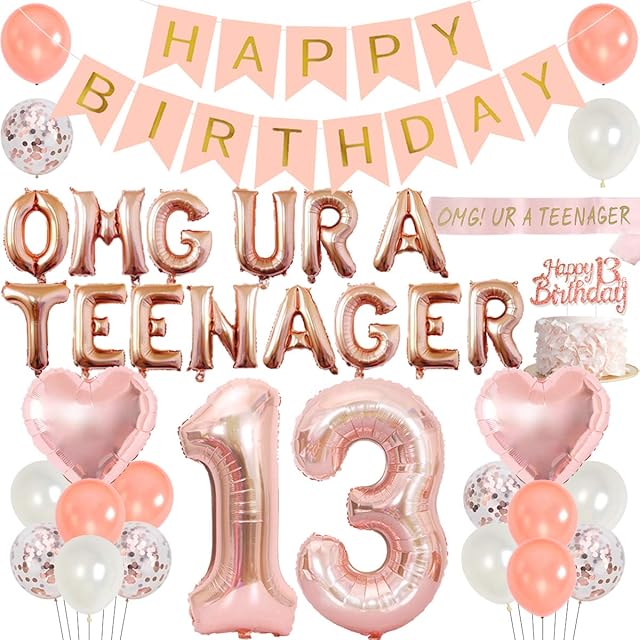 Funmemoir 13th Birthday Decorations Rose Gold for Girls 13 Years Old Birthday Party Supplies Omg Ur a Teenager Balloons Banner Sash Happy Birthday Banner Cake Topper