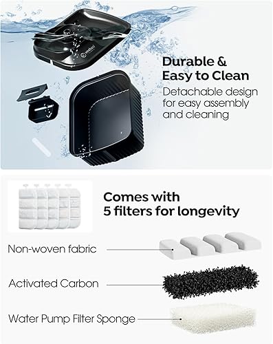 Miniatura 6 de Veehoo Fuente de agua para perros grandes  Fuente de agua para mascotas de 2.4 galones con alfombrilla de tierra de diatomeas y 5 filtros,