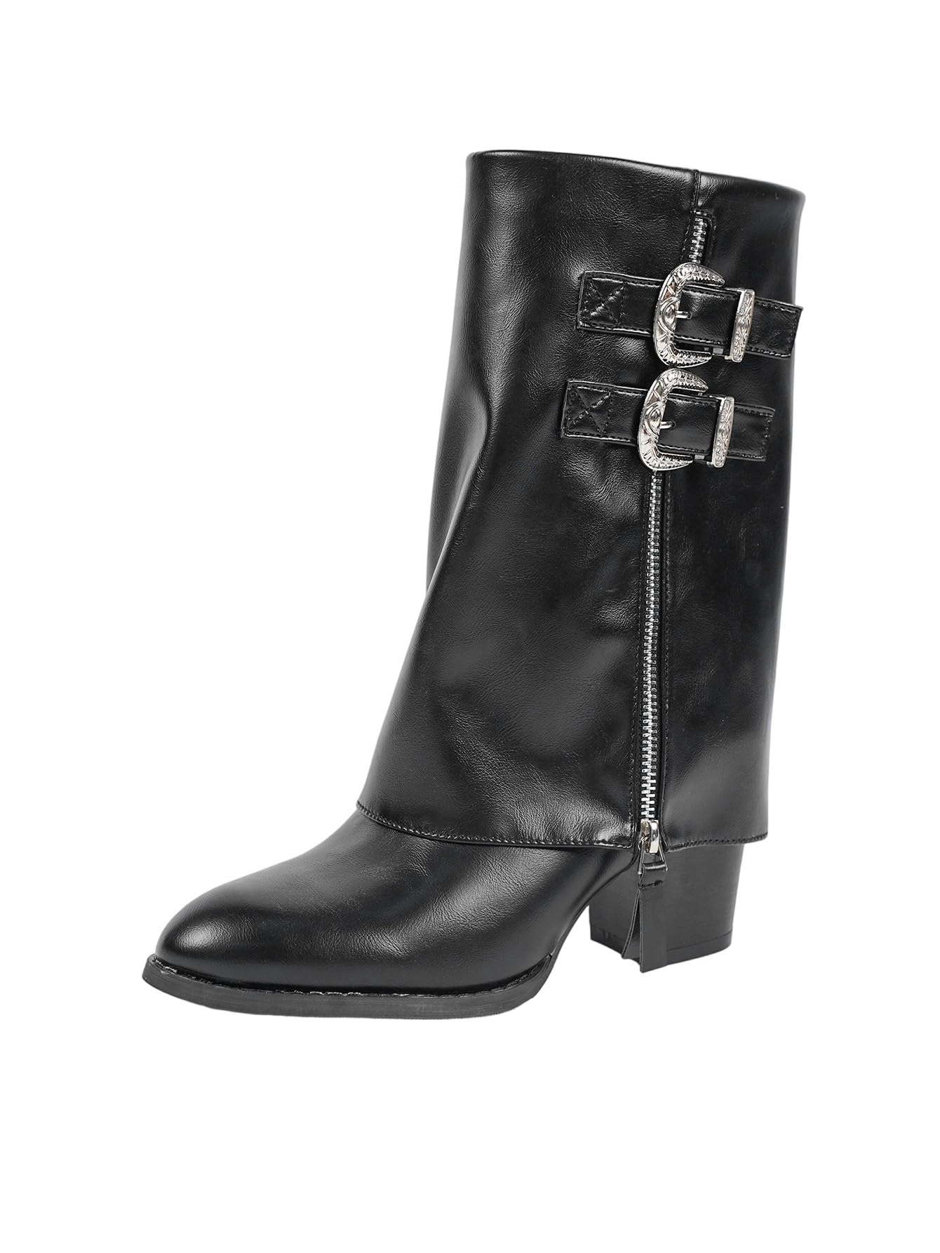 Fold Over Boots for Women Overlay Knee High Boot Black Wide Calf Platform Round Toe Chunky Low Heel