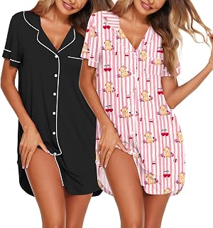 Nightgowns for Women 2 Pack Button Down Sleepwear Short Sleeve Sleepshirts Soft Nightshirts Boyfriend Pajama Dress