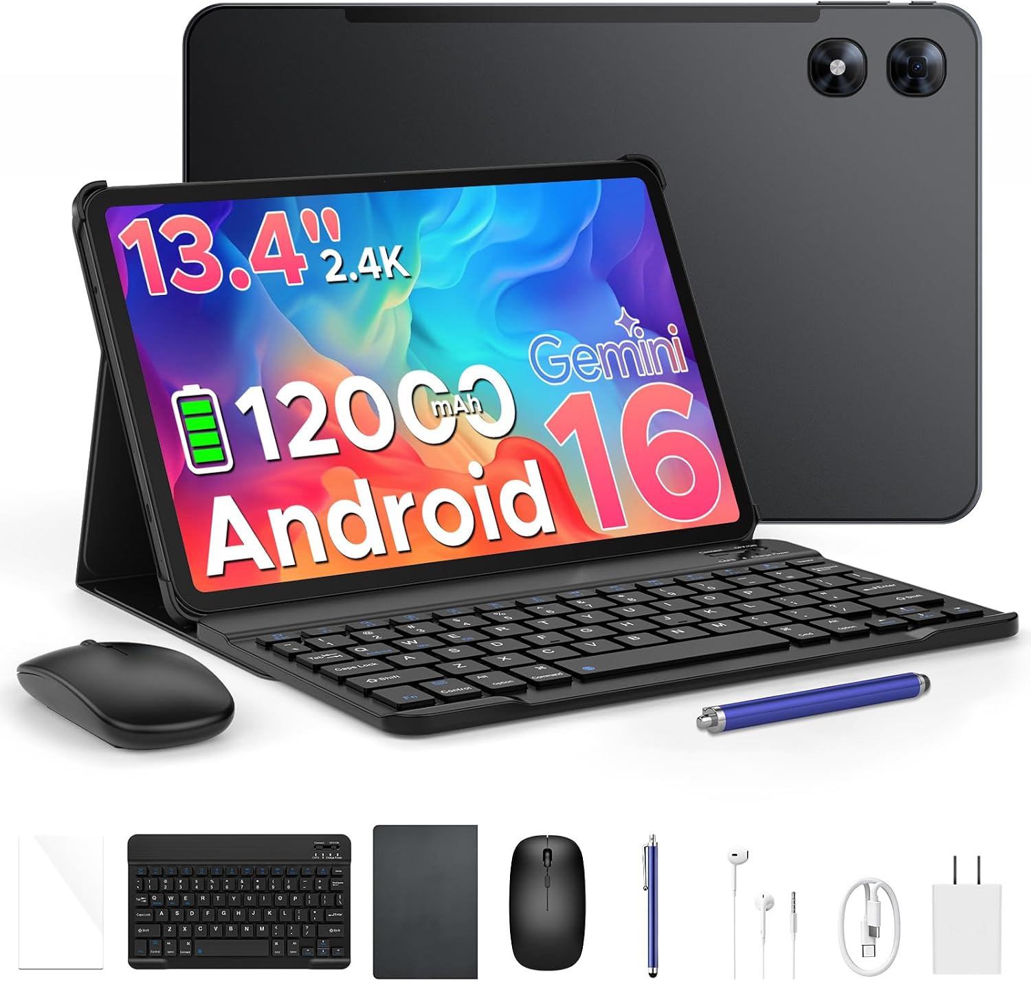 P13 Pro 13.4 inch Tablet, 2.4K 120Hz Android 16 Tablet with Gemini AI, 48GB RAM+256GB ROM, T7280 Octa-Core, 16MP + 8MP, 12000mAh, 5G WiFi, 4G LTE, Tablet with Keyboard, Pen, Case-Black