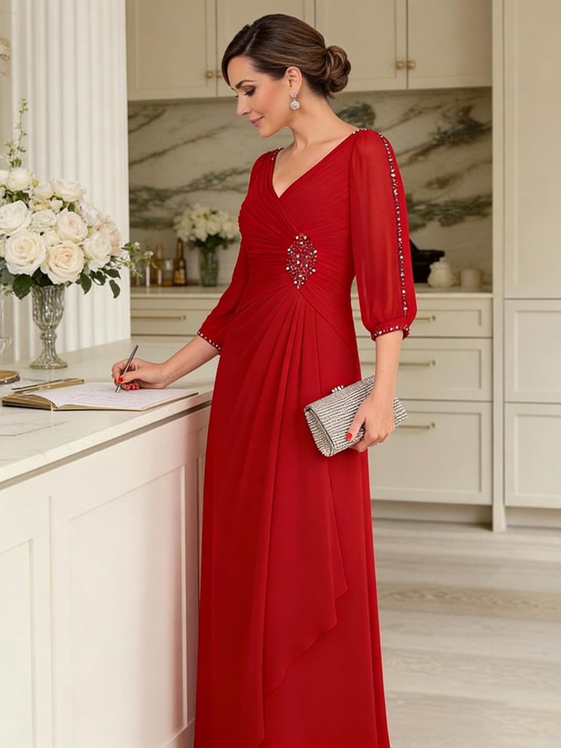 Split Sleeves Mother of The Bride Dresses for Wedding Beaded Ruched A-line Chiffon Formal Maxi Evening Dress