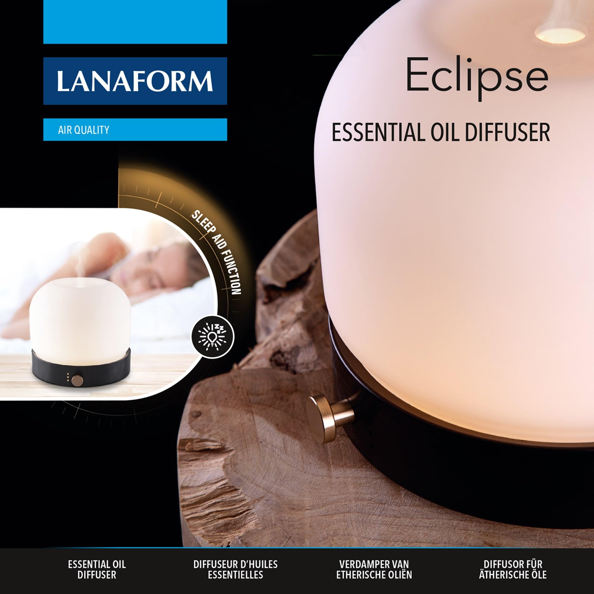 Eclipse - Diffusore OLI Essenziali Ultrasuoni - Aromaterapia Silenziosa - Humidificador Niebla Fría - Luz Nocturna LED Regulable - Ayuda Dormir Sueño – Dormitorio Relajación