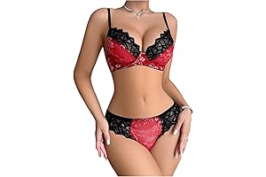 Women's Seductive Red & Black Floral Lace 2-Piece Lingerie Set