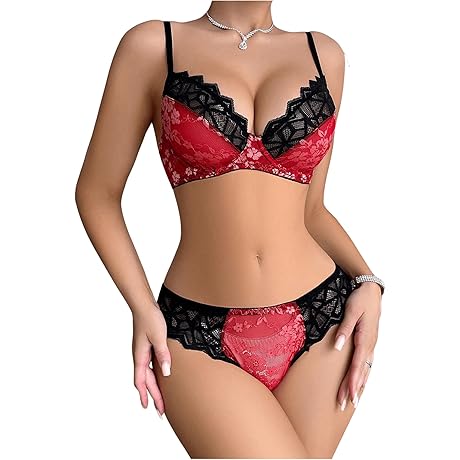 Women's Seductive Red & Black Floral Lace 2-Piece Lingerie Set