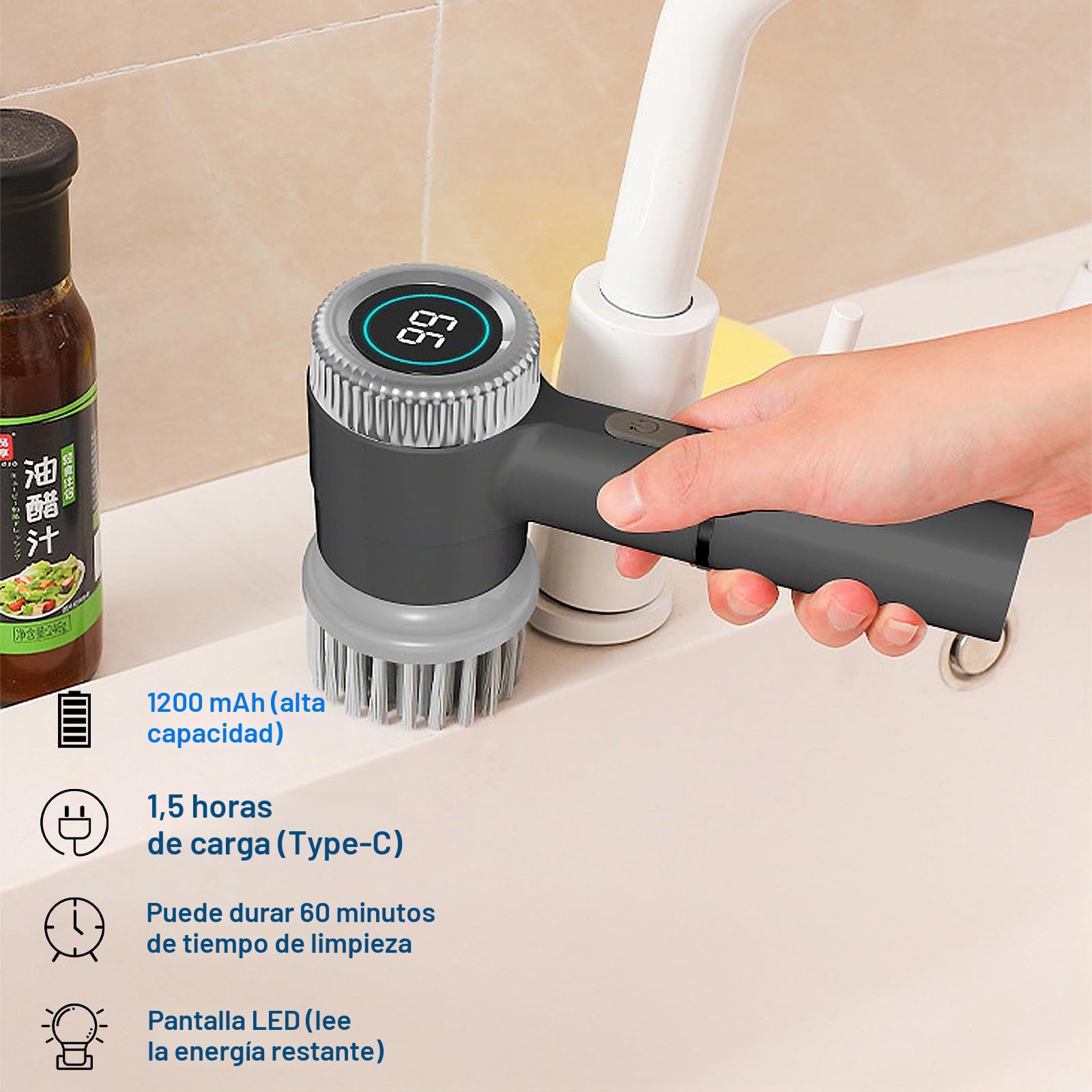 Fregador Eléctrico Giratorio, Cepillo de Limpieza Eléctrico Inalámbrico, Resistente al Agua, Pantalla Digital de Potencia, 5 Cabezales Reemplazables y 3 Velocidades Ajustables