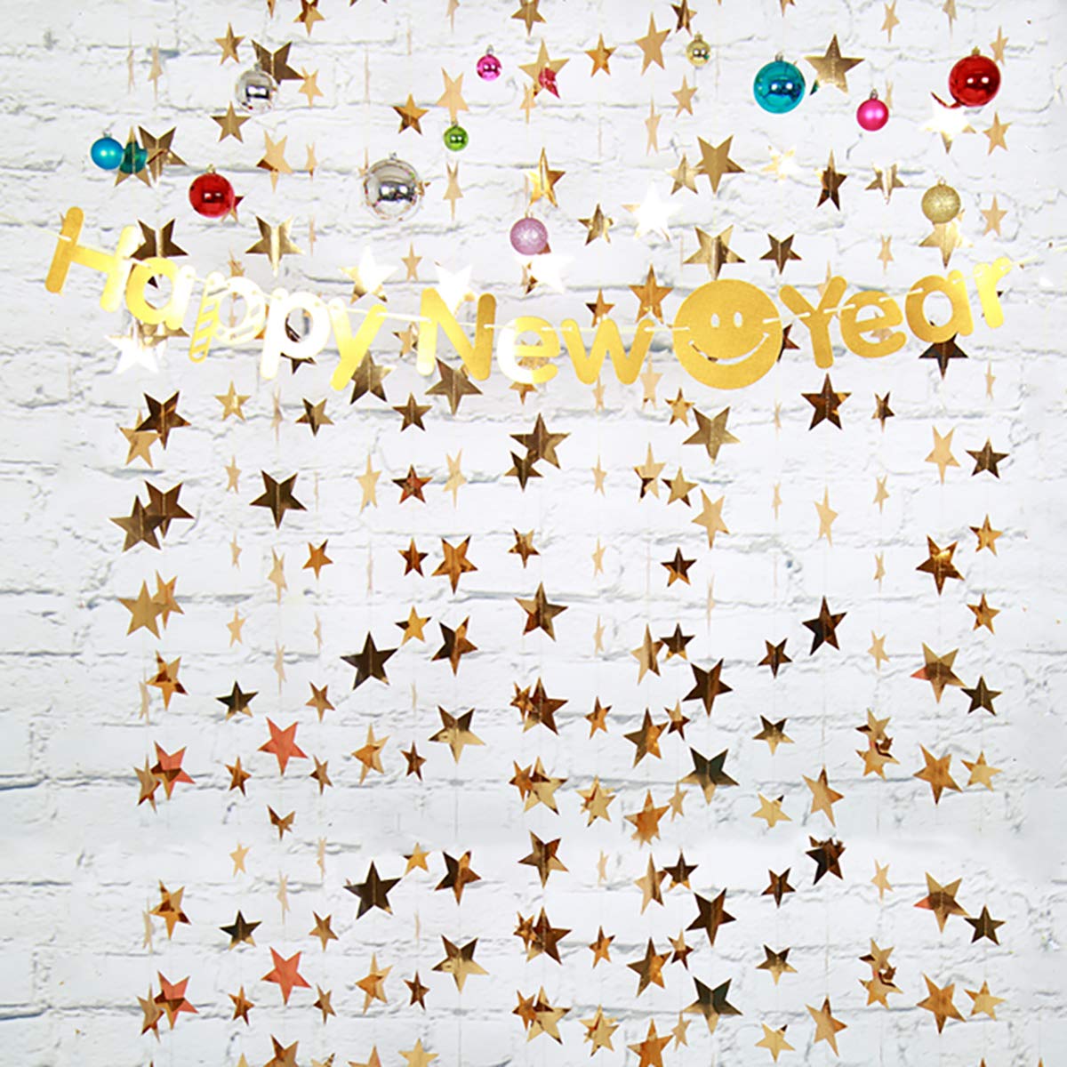 Guirnalda de estrellas doradas – Guirnalda de papel dorado brillante de 156 pies para colgar, banderines de estrellas doradas con purpurina para bodas, cumpleaños, vacaciones, fiestas de Navidad