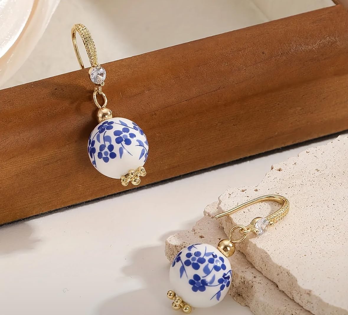 Ceramic Blue Floral Drop Earrings, Gold-Tone Crystal Accents, White and Blue Porcelain Beads - Image 3