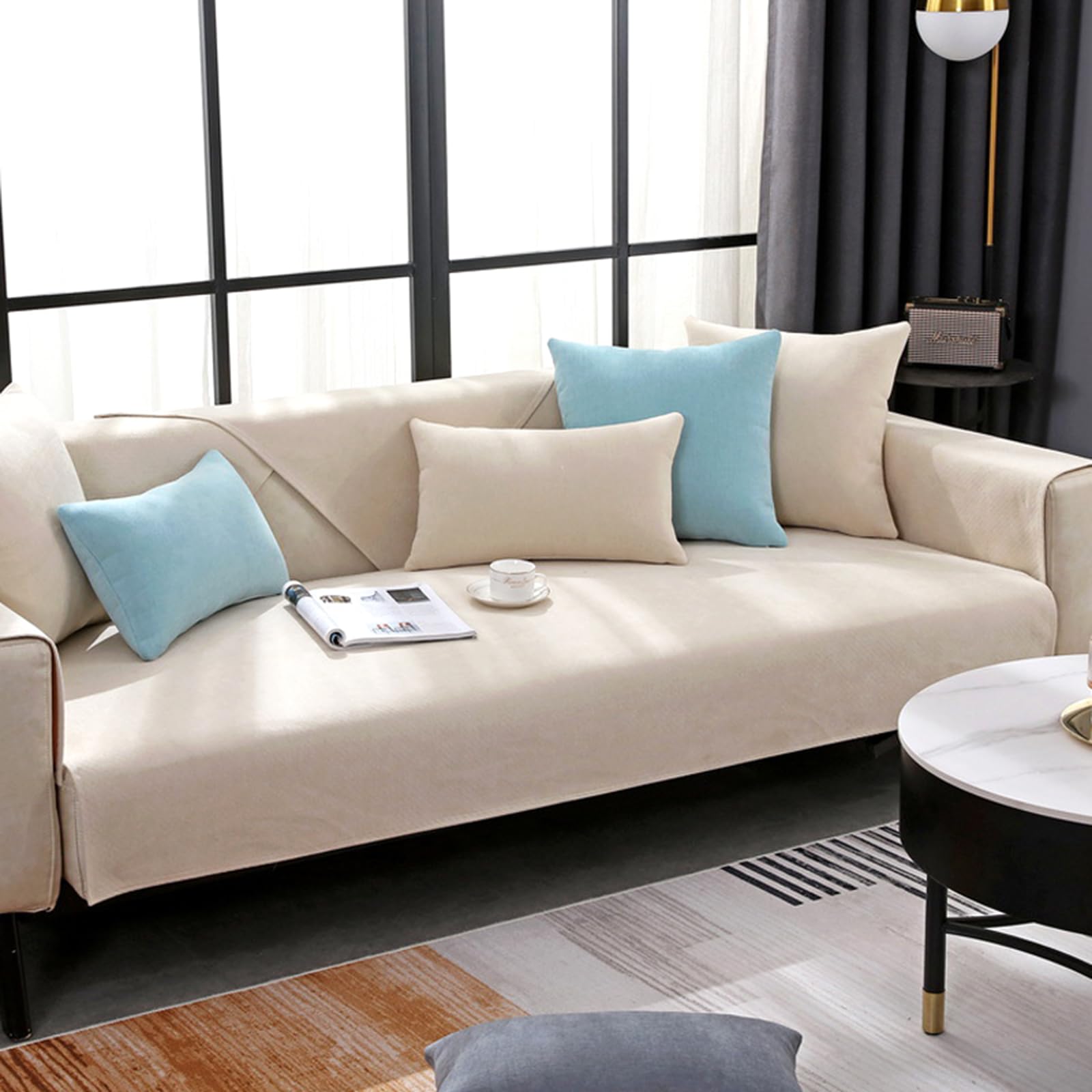 Housse de canapé en chenille haut de gamme beige 110x240 cm anti-glisse avec accoudoirs