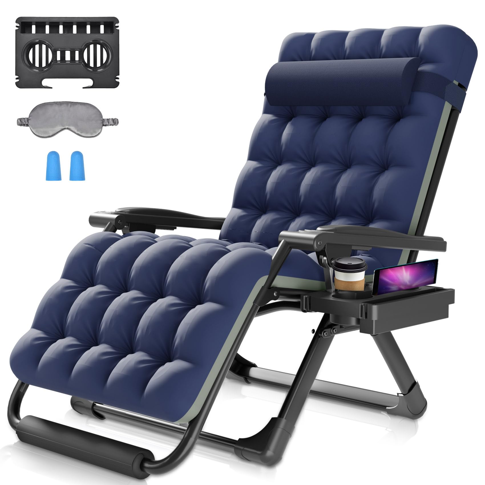 Suteck Oversized Zero Gravity Chair 33In XXL Reclining Camping Chair w/Removable Cushion, Outdoor Lounge Chairs Patio Recliner with Large Cup Holder, Footrest and Padded Headrest, Support 500LBS, Blue