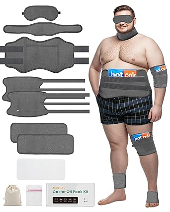 10 Pcs Castor Oil Pack Wrap for Men, Plus Size Castor Oil Packs for Men Women, XL Reusable Castor Oil Wraps Set for Eyes Neck Stomach Waist Knees Legs Feet, Flannel Cotton, Machine Washable,Mixed fibre fabrics Dark Gray