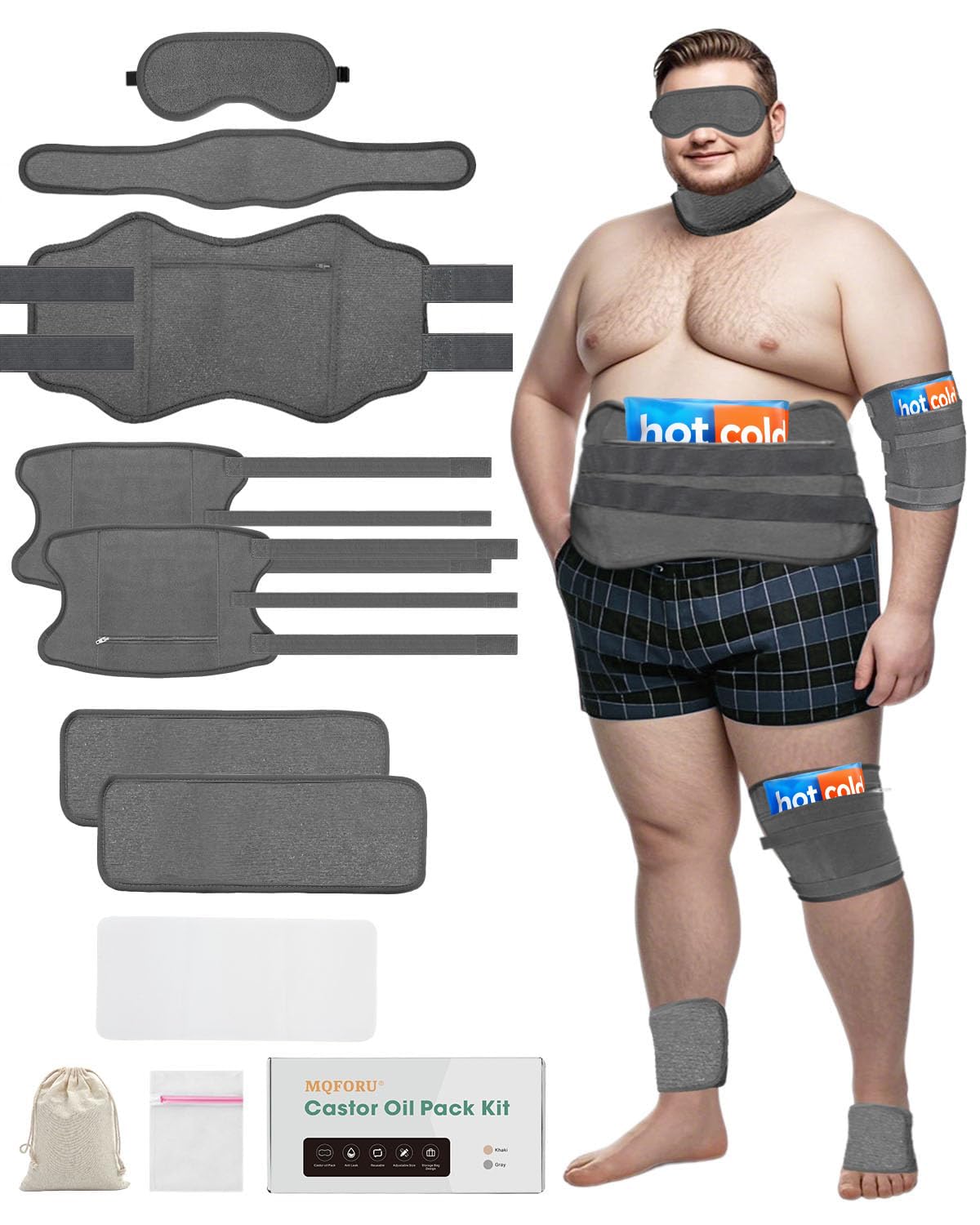 10 Pcs Castor Oil Pack Wrap for Men, Plus Size Castor Oil Packs for Men Women, XL Reusable Castor Oil Wraps Set for Eyes Neck Stomach Waist Knees Legs