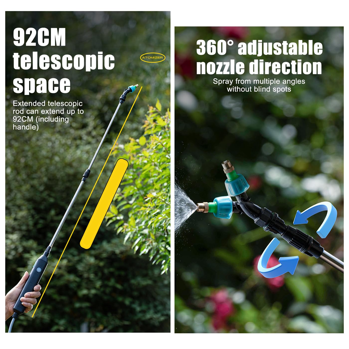 Opryskiwacz ciśnieniowy 5/8 l, opryskiwacz ogrodowy elektryczny z drążkiem teleskopowym o długości 92 cm, 3 rodzaje dysz i 5 efektów wodnych, opryskiwacz pompowy z regulowanym paskiem na ramię