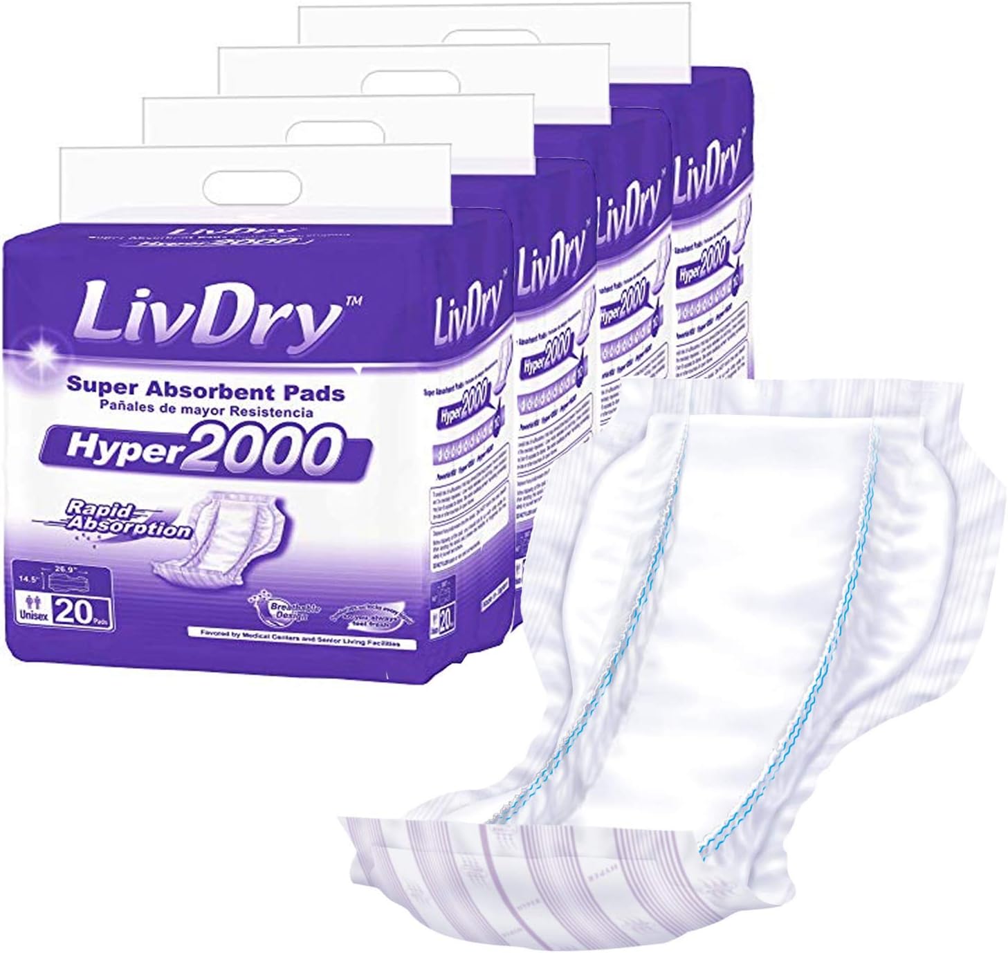 LivDry High Absorbency Pad Insert for Incontinence Briefs and Adult Diapers, Women and Men, Hyper 2000 (80 Count)