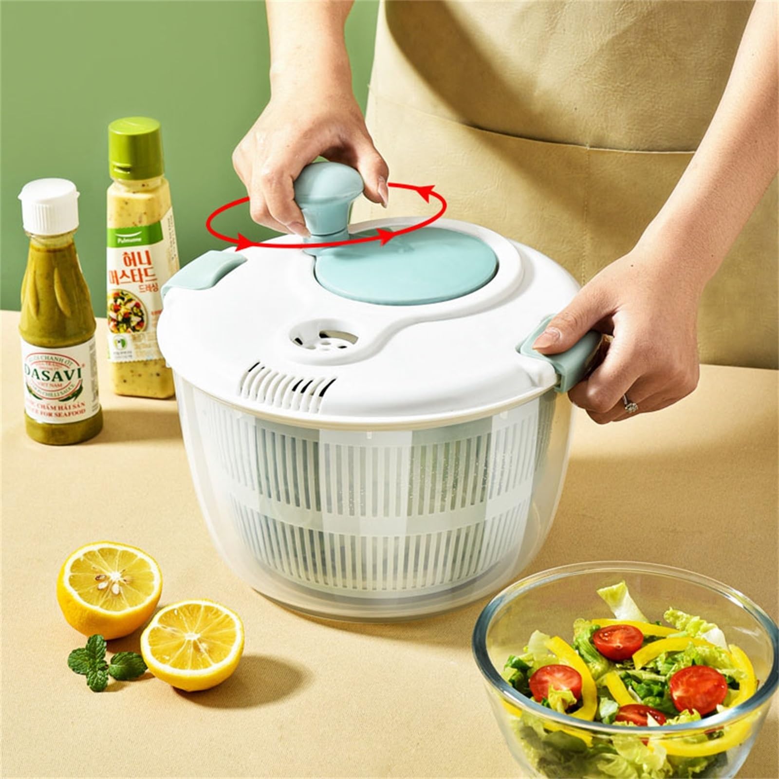 Gemüseschleuder, Salatschleuder, Obst- und Gemüse-Entwässerer, Quetscher, Küche, Geschirrspülen, Entwässerungskorb, manueller Gemüse-Dehydrator, Gemüse-Abtropfgerät