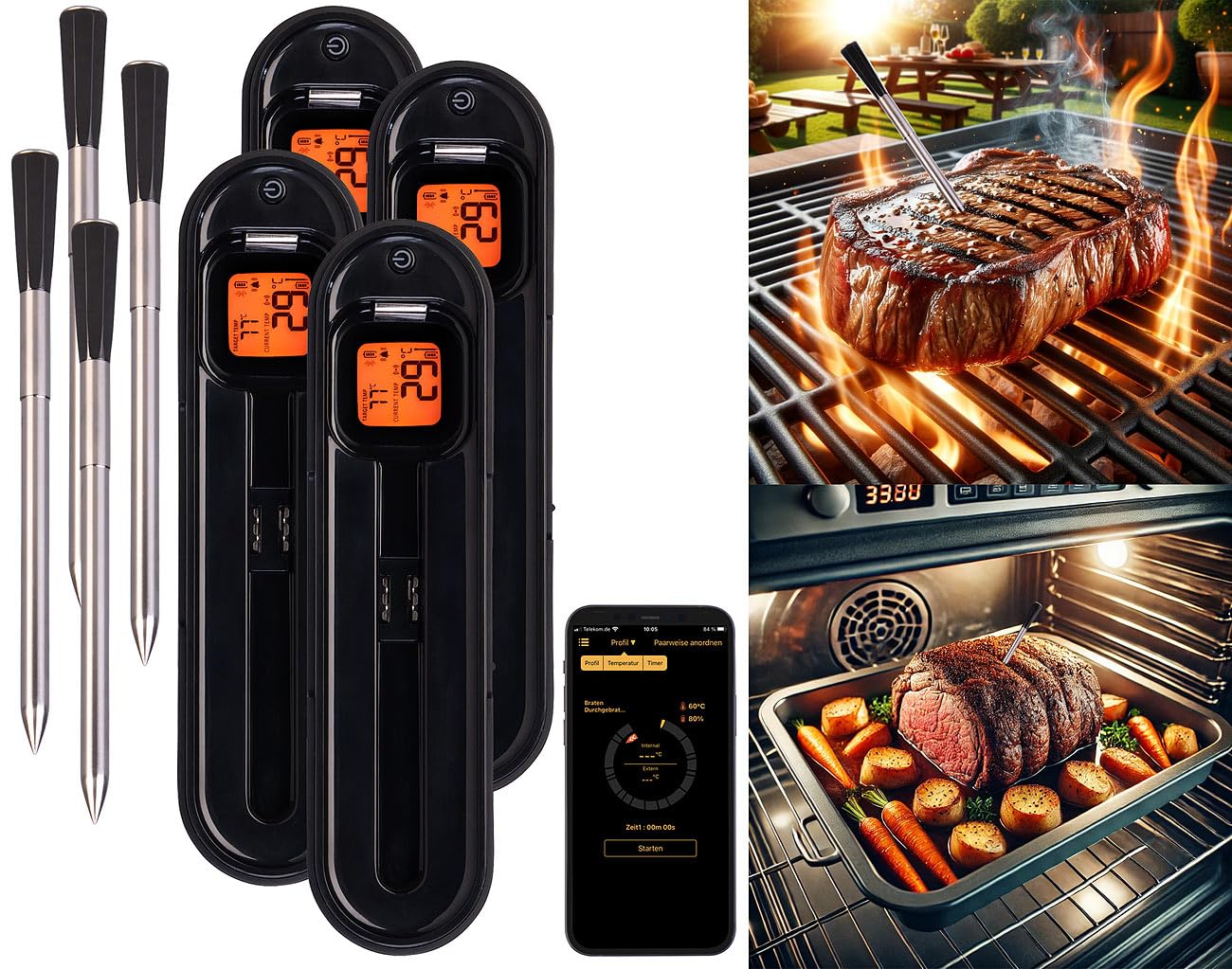 Rosenstein & Söhne Fritteuse-Thermometer: 4er-Set kabellose smarte Fleisch-, Braten- & Grill-Thermometer,BT5,App (Grillthermometer kabellos Funk, Lebensmittel, Topf)