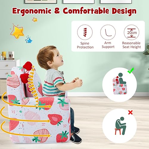 Miniatura 21 de HONEY JOY Sofá para niños pequeños, silla en forma de corona con almohada adicional, cómodos muebles de sala de juegos para niños con funda de
