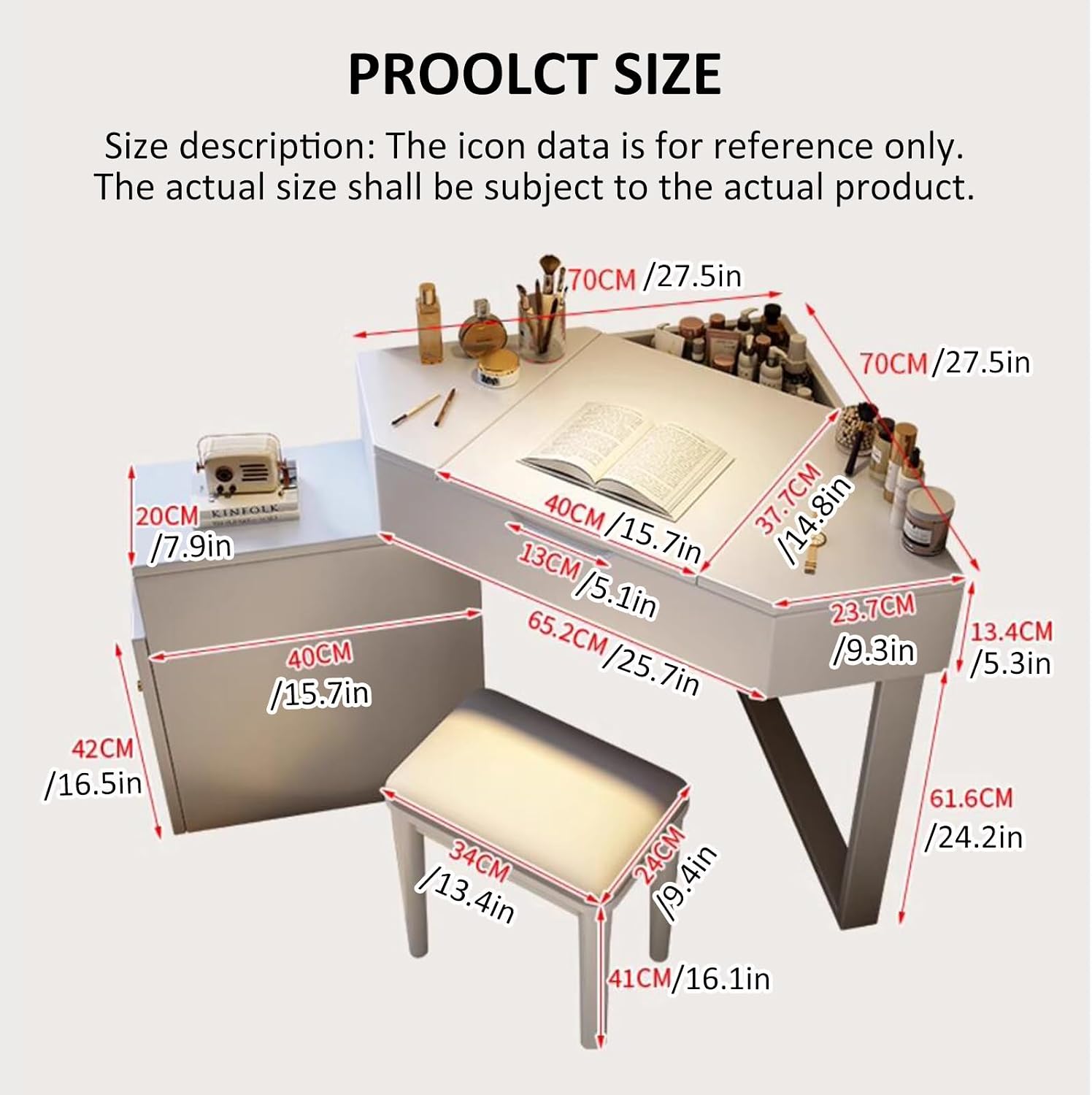 Makeup Vanity Desk Set,Farmhouse Makeup Vanity Desk,Makeup Table with 3 Lighting Modes Brightness Adjustable,Large Vanity Desk,Storage Bench,Bedroom,White,for Bedroom Bathroom(Wood color,70x70x75cm)