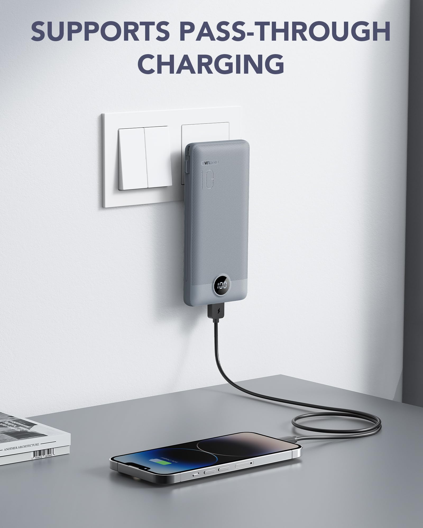 VRURC Portable Charger Built-in Cables and AC Wall Plug, USB C Power Bank 10000mAh, Travel Battery Portable Phone Charger Compact Lightweight External Battery Pack for Smart Phones, Tablets etc-Grey view 3