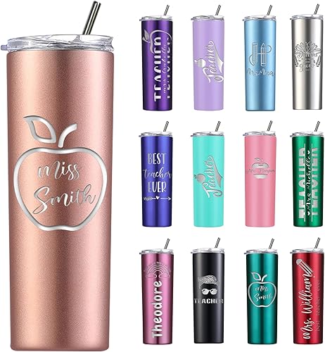 Vasos delgados personalizados para profesores con tapas y popotes, vaso de café delgado grabado con láser personalizado con nombre, vasos delgados
