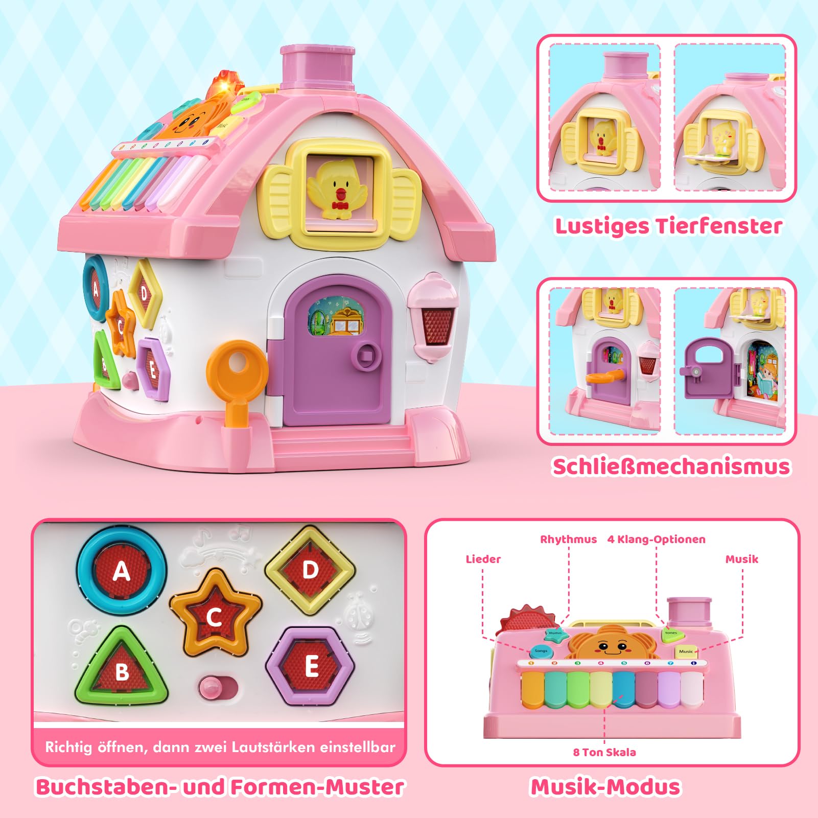 Spielzeug ab 1 2 3 Jahre Mädchen: Montessori Spielzeug ab 1 Jahr, 6 in 1 Multi-Funktions-Haus Baby-Spielzeug mit Musik, Uhr, Licht, Telefon, Auto, Geburtstag Geschenk für Mädchen 1-3 Jahre (Rosa)