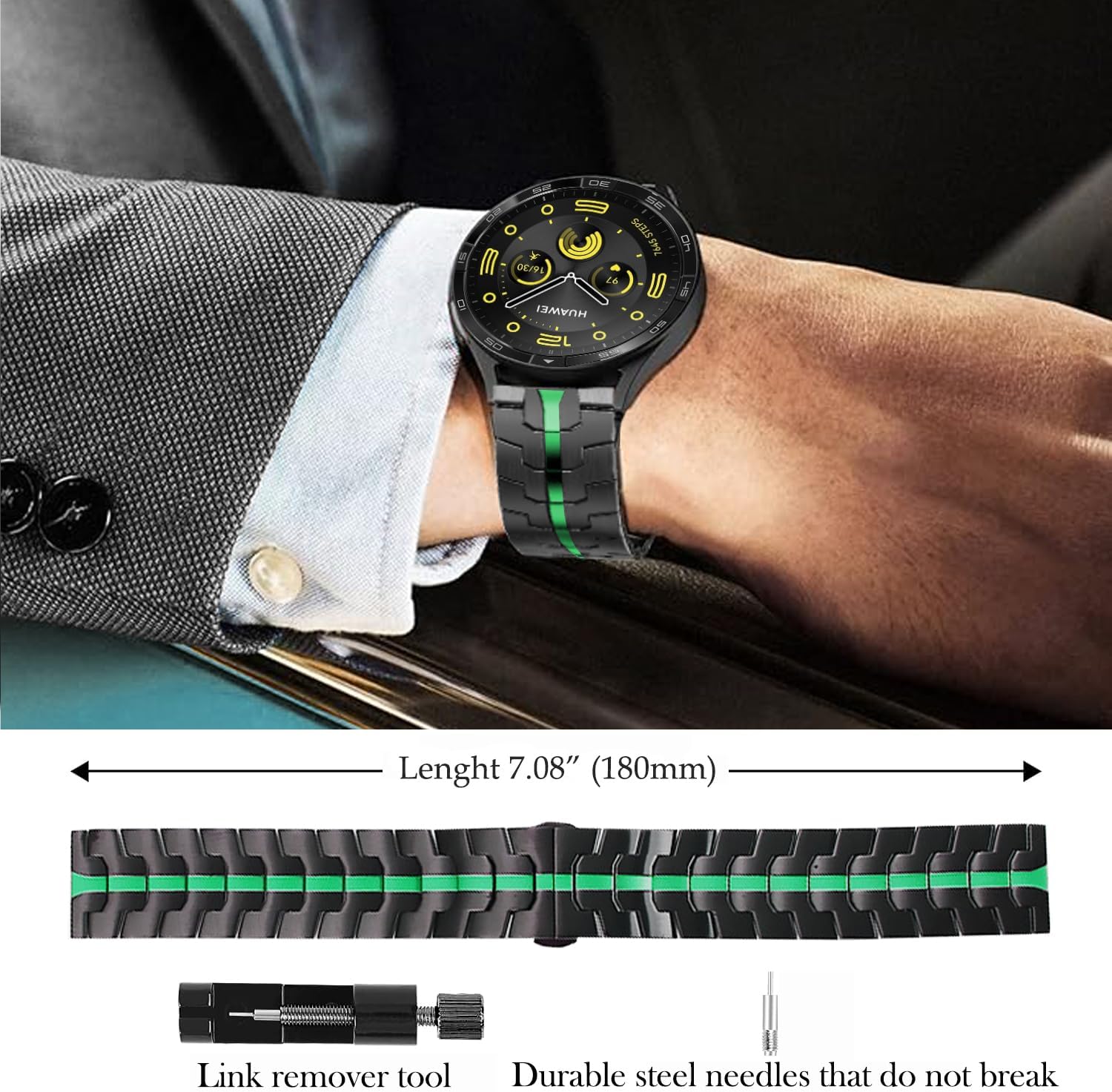 DEALELE Bands Compatible with Samsung Galaxy 3 45mm / Galaxy Watch 46mm / Huawei Watch 4/4 Pro / 3/3 Pro / GT4 46mm, 22mm Thin Iron Man Stainless Steel Metal Strap for Women Men, Black-green