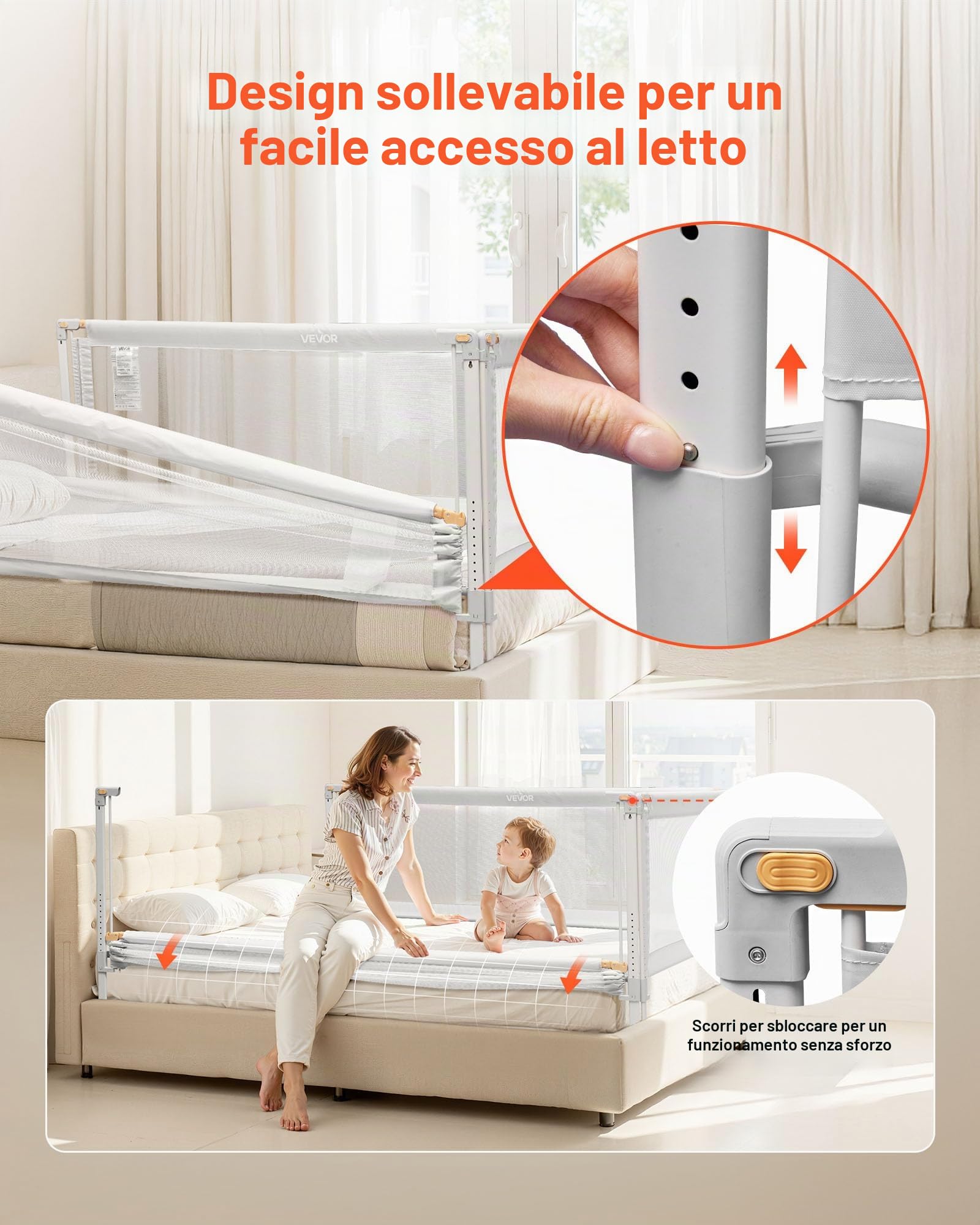 VEVOR Sponda 3 Lati per Letto per Bambini Lunghezza 2 m, Barriera per Lettino per Neonati con Tubo di Ferro Rinforzato, Tessuto Oxford, Altezza Regolabile, per Materassi di Spessore 5-27 cm