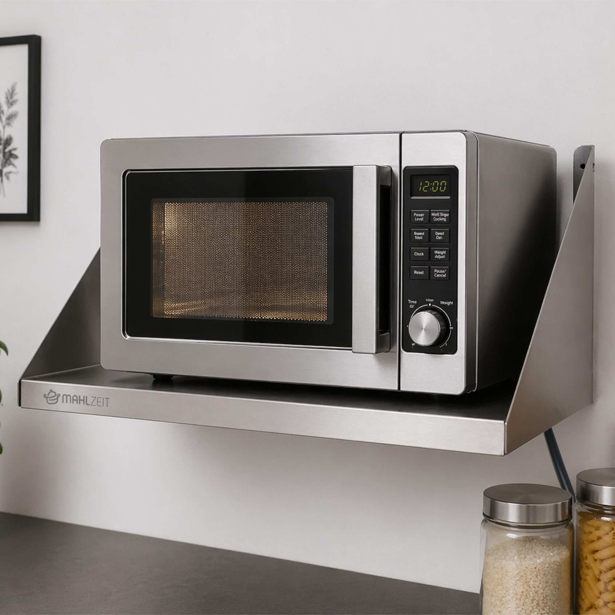 Mahlzeit Scaffalatura per microonde in acciaio inox, 60 x 45 cm, con passacavo, per microonde, cucina, cucina, da parete, da cucina, da appendere, in acciaio inox