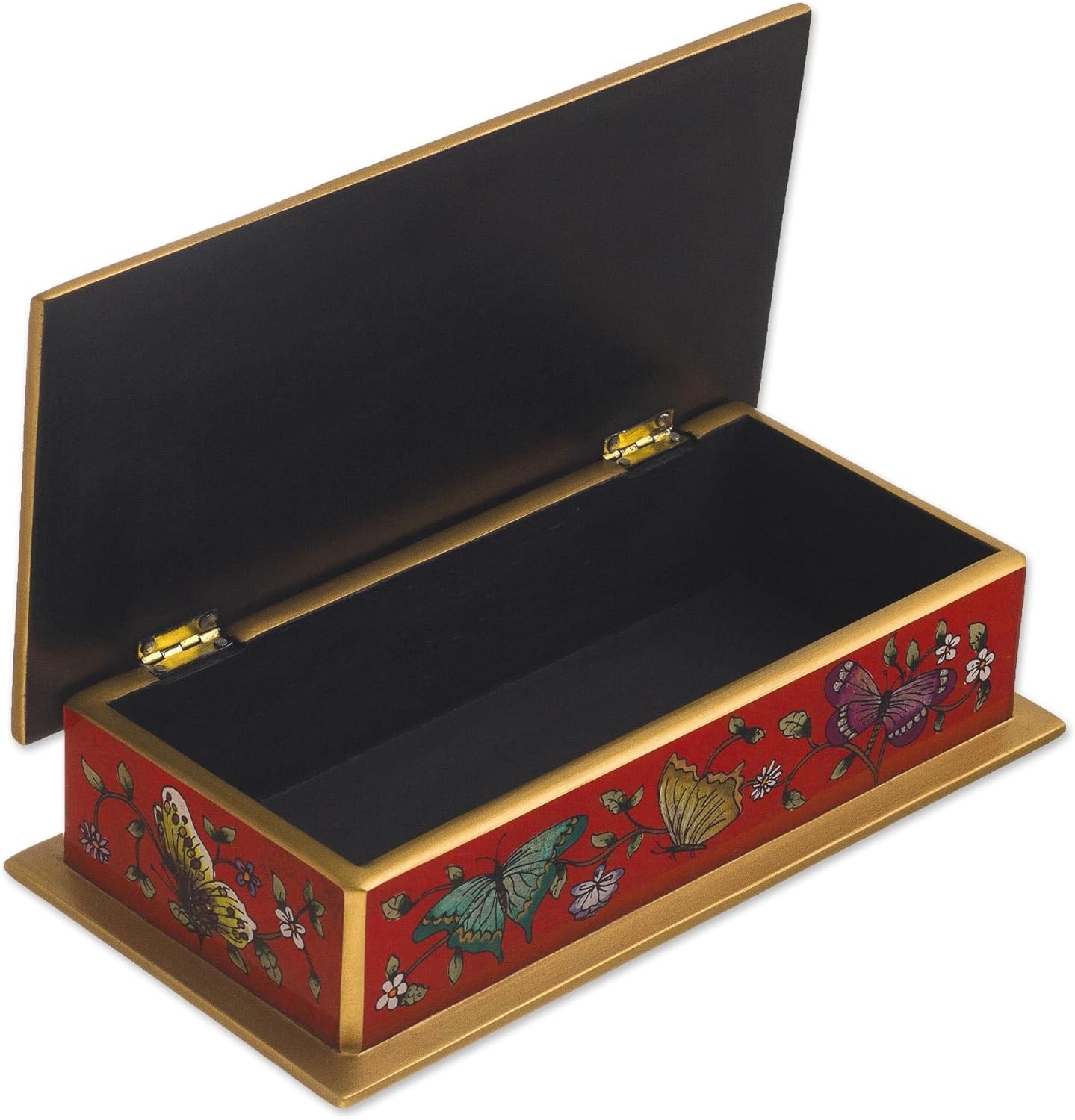 NOVICA Artisan Handmade Reversepainted Glass Decorative Box Red Butterflythemed Peru Accessories Boxes Floral Animal Bug Butterflybutterfly [2in H x 7.75in W x 3.9in D] ' Butterflies on Scarlet'