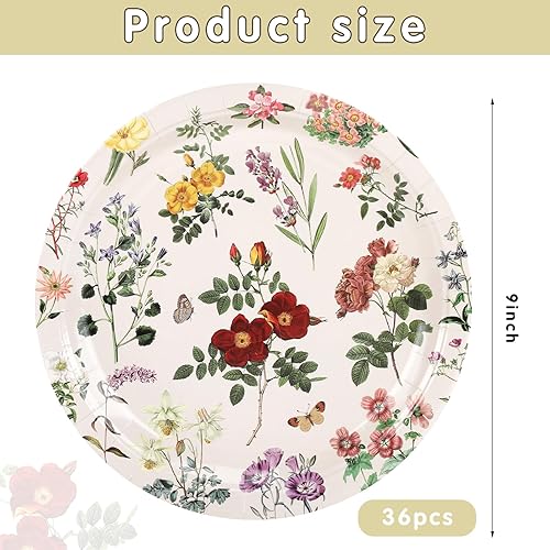 Miniatura 2 de Uiifan 36 platos de papel estilo vintage de flores silvestres, platos de papel de flores silvestres elegantes de 9 pulgadas, diseño de mariposas,