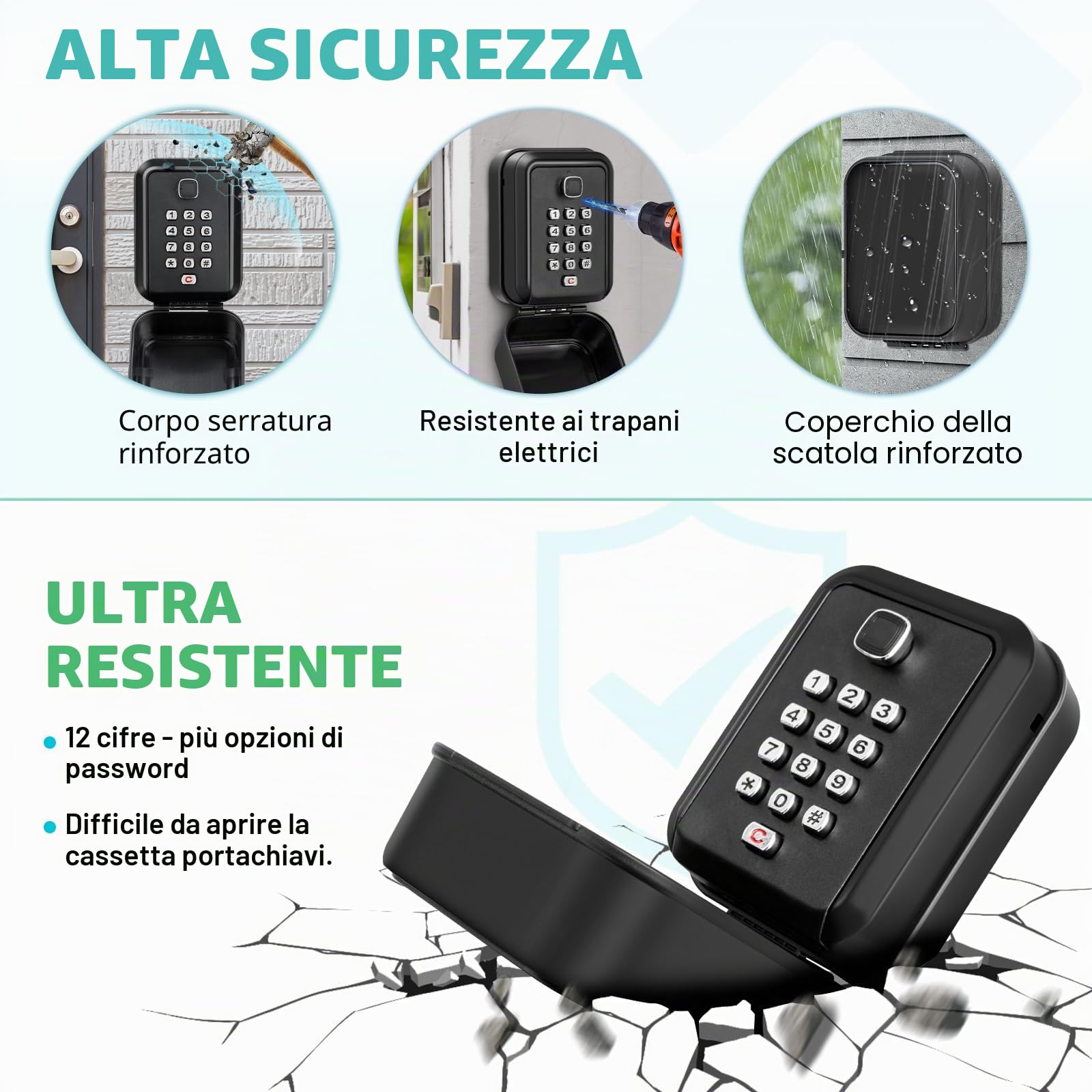 Cassetta Sicurezza Chiavi Grand Cassetta Chiavi con Codice 12 Cifre Cassaforte Chiavi Esterno Impermeabile Antiruggine e Robusto Cassetta Portachiavi Muro per Casa, Scuola, Garage-Nero