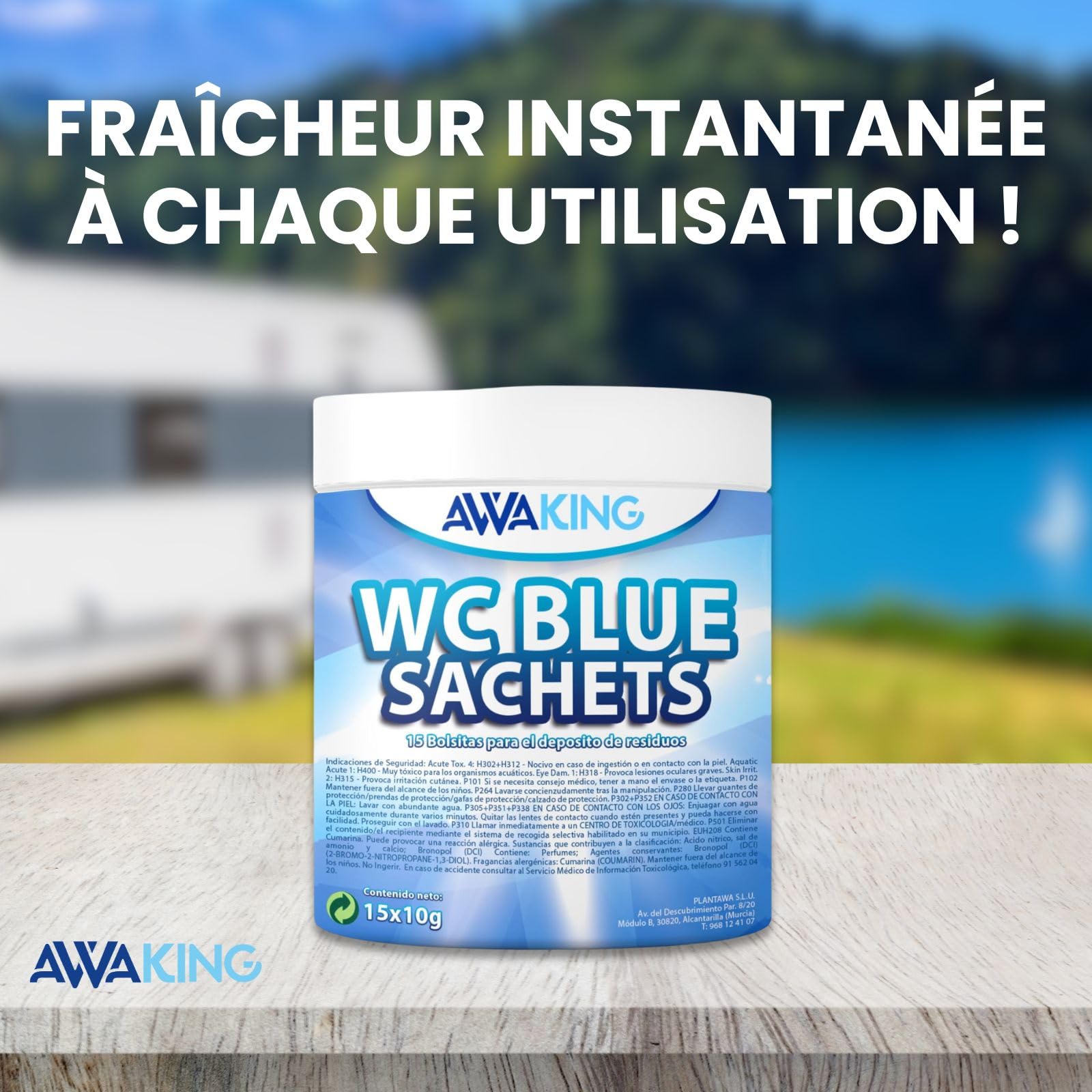 AWAKING Pastilles WC Chimique Pour Camping-Car 15 Blue Sachets | Nettoyage en profondeur et désodorise. Formule concentrée et arôme frais, réservoir d'eau noire, caravane, camping-car