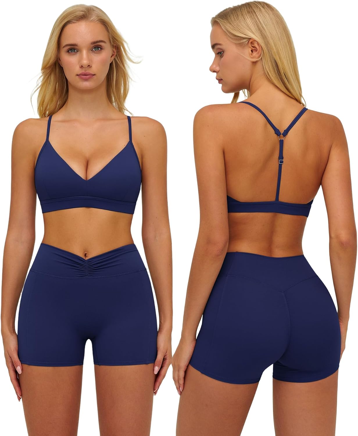ABOCIW Womens Workout Sets V Neck Sports Bra Tummy Control High Waist Biker Shorts 2 Piece Yoga Pilates Outfits
