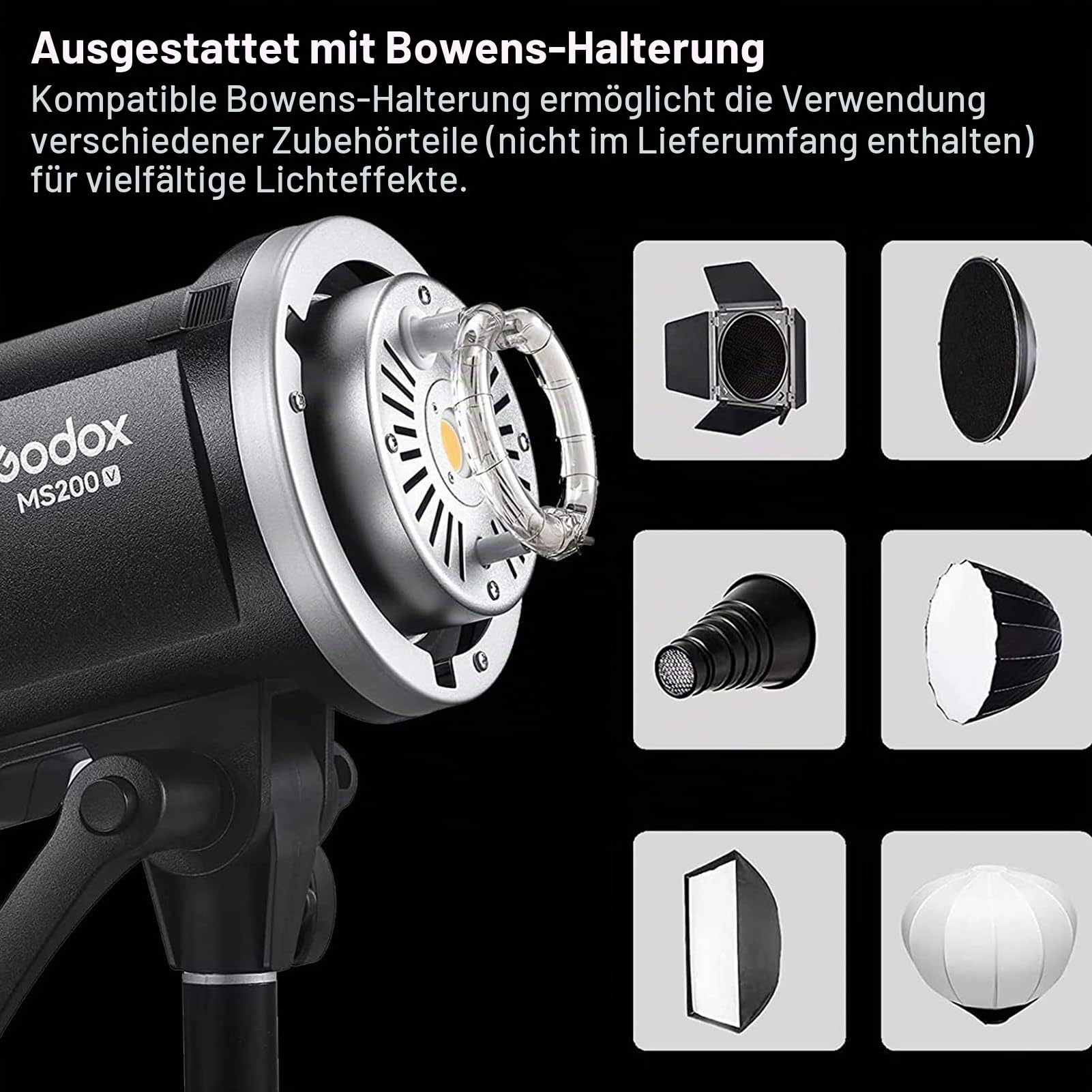 Godox MS200-V 200 W Blitzlicht verbessertes 2,4 G Wireless Studioblitzlicht GN53, 0,1–1,8 s, Recyclingzeit 5600 ± 200 K, mit 10 W LED-Einstelllampe, Bowens-Halterung für Mode,Werbung, Fotografie