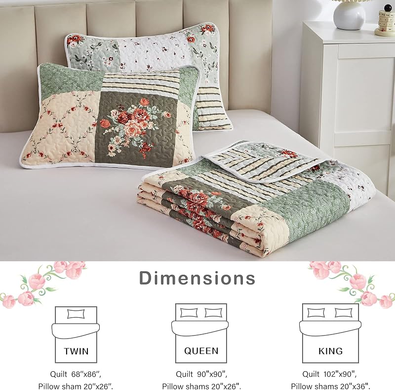 Patchwork Quilt Set Full/Queen Size, 3 Pieces Green Floral Plaid Summer Bedspread Coverlet Set, Soft Microfiber Reversible Lightweight Bed Cover for All Season (90" x 90", 1 Quilt+ 2 Pillow Shams) image 6