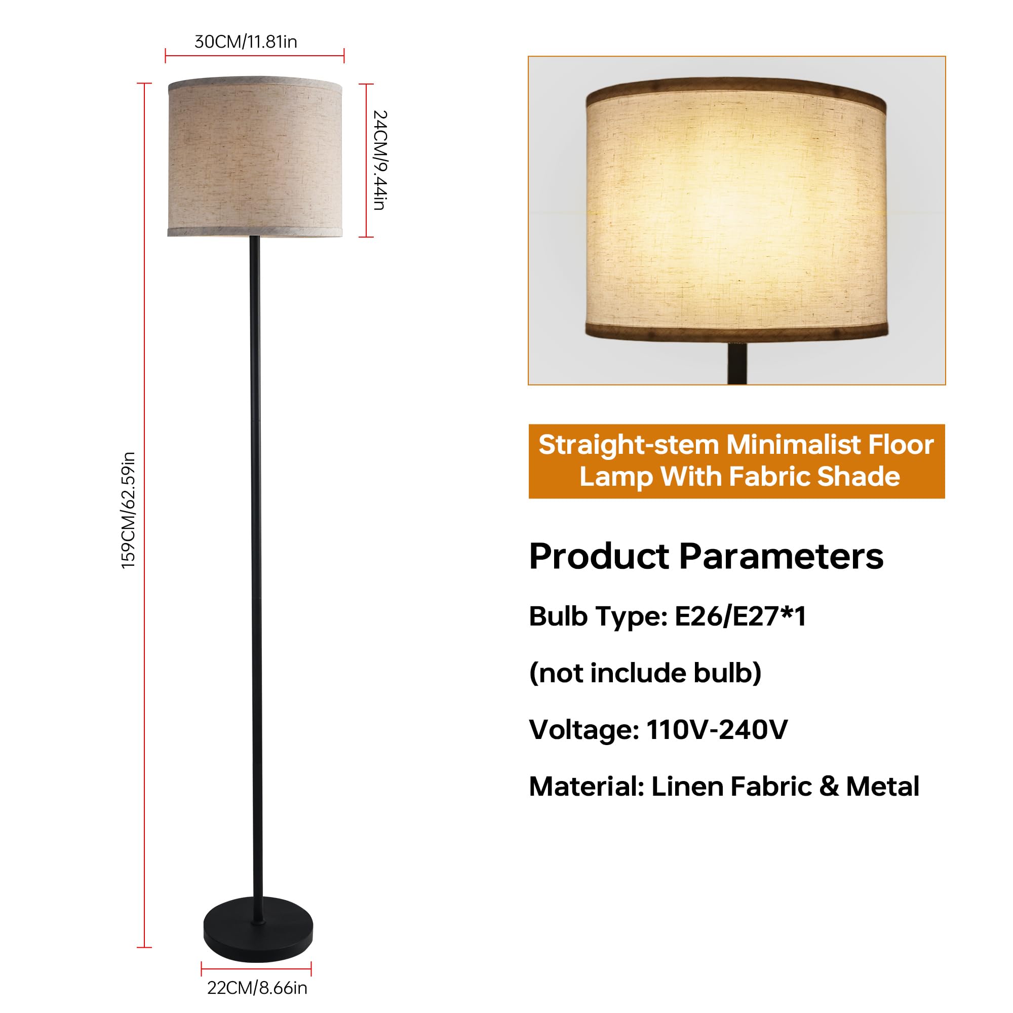 Lamparas de Pie Salon Modernas, Candeeiro de pé con Pantalla de Lino Beige, Pantalla de Tela, Casquillo E27, 160cm Lámpara Negra para Dormitorio, Salón, Oficina