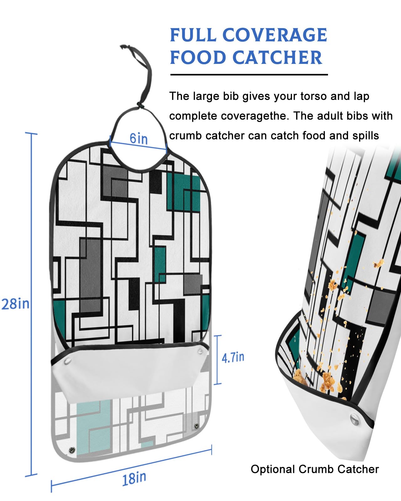 Turquoise Geometric Adult Bib for Eating with Crumb Catcher,Washable & Waterproof Terry Cloth Adjustable Elderly Women Men Bibs Funny Clothing Protector Geometric Abstract Aesthetics Black Grey White