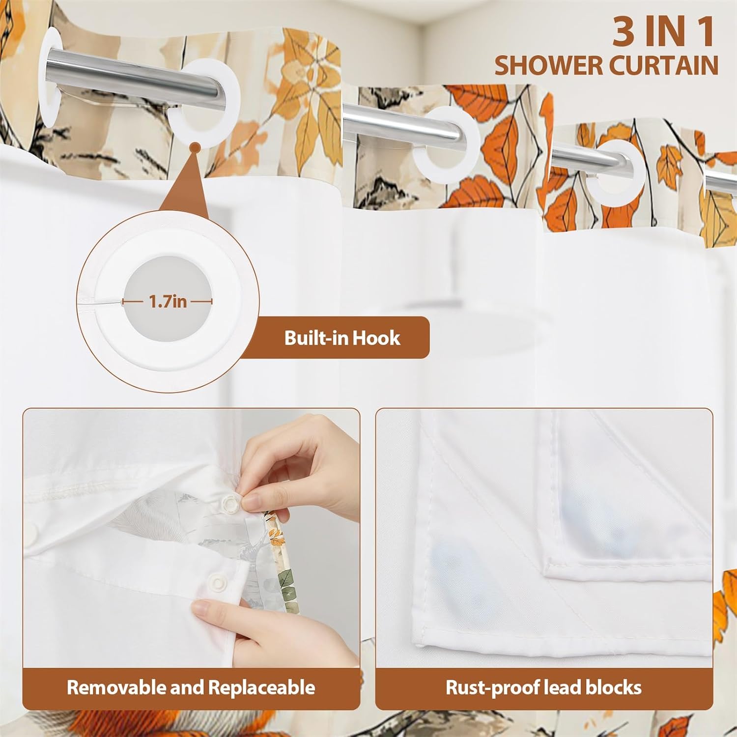 No Hook Fall Squirrel Fabric Shower Curtain with Snap in Liner 71W x 71L