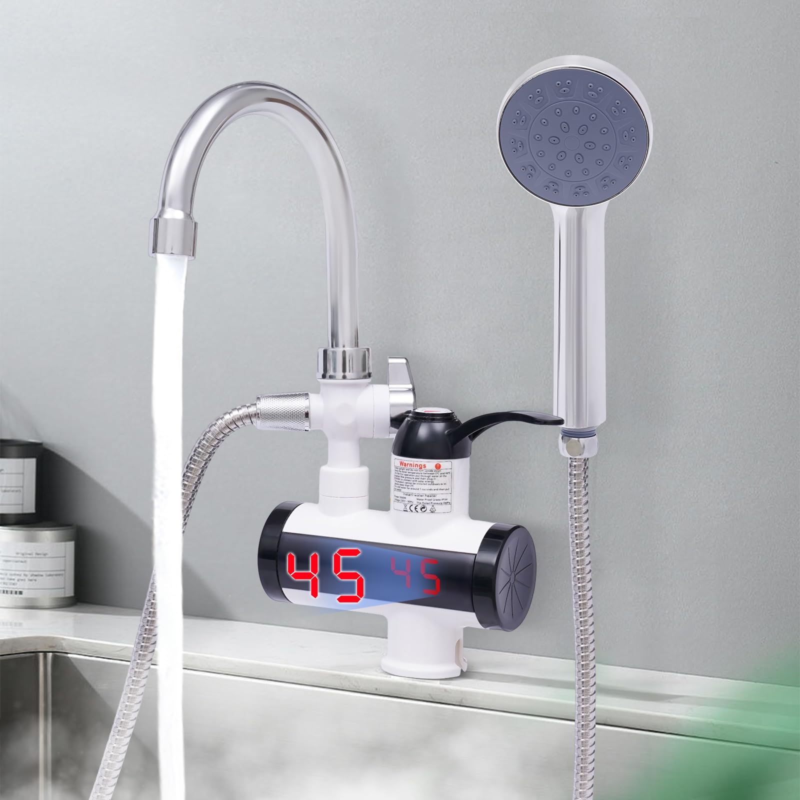 Elektrische doorstroomboiler, 3300 W, elektrische kraan met led- doorstroomboiler, waterkraan, keuken, geschikt voor thuis, hotel, restaurant en andere plaatsen (zilver Elektrische doorstroomboiler, 3300 W, elektrische kraan met led- doorstroomboiler, waterkraan, keuken, geschikt voor thuis, hotel, restaurant en andere plaatsen (zilver