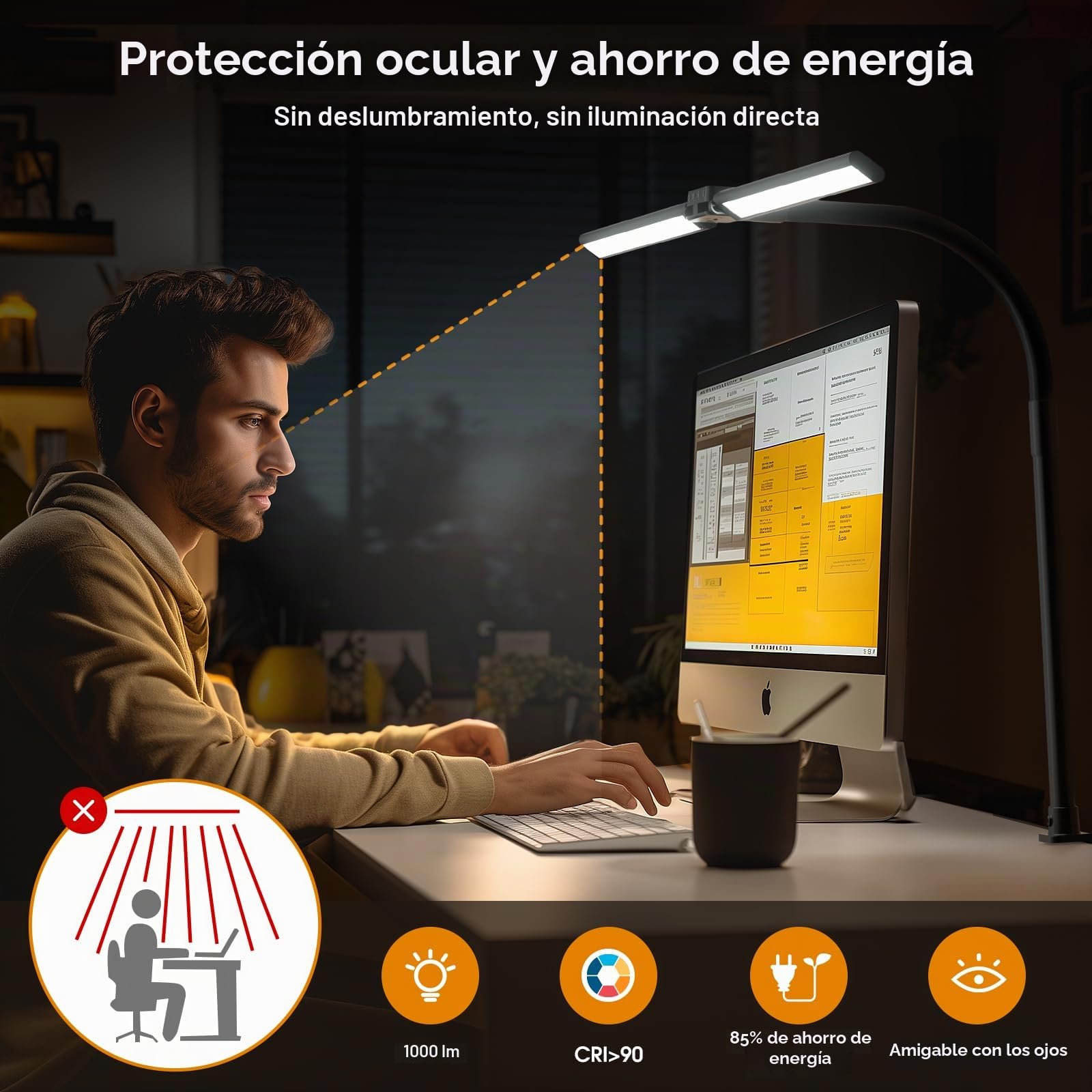 SIBRILLE Lampara Led Escritorio con Pinza, Lámpara De Escritorio Giratoria Para Ordenador Y Oficina En Casa, Lámpara De Escritorio Regulable Ajustable Con Cuello De Cisne, Doble Cabezal, Negro