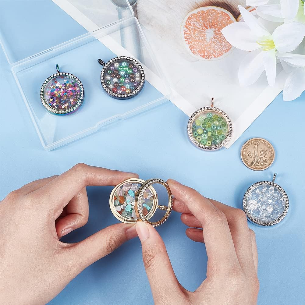 PH PandaHall 5pcs Rhinestone Photo Frame Charm, 5 Colors 35mm Round Crystal Double-Sided Picture Frame Memory Locket Charm Alloy Dangle Charms for Wedding Bridal Bouquet Keychain Jewelry Making - Image 3