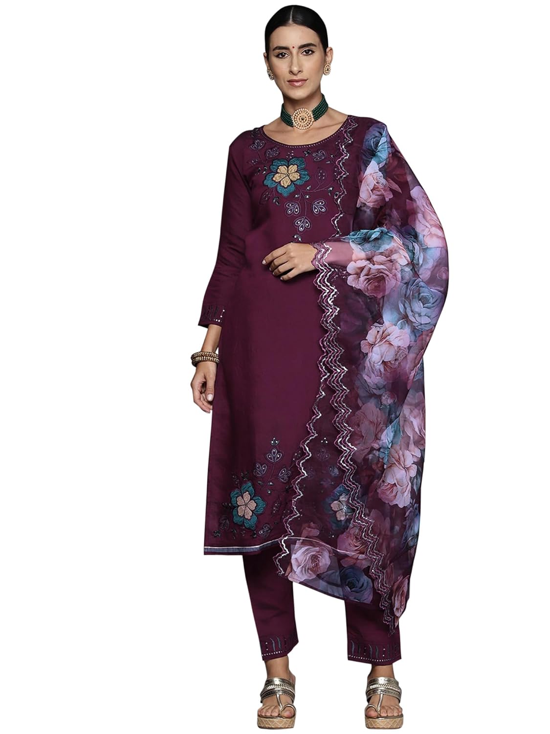 INDO ERA Women's Silk Blend Embroidered Kurta Pant with Dupatta Set