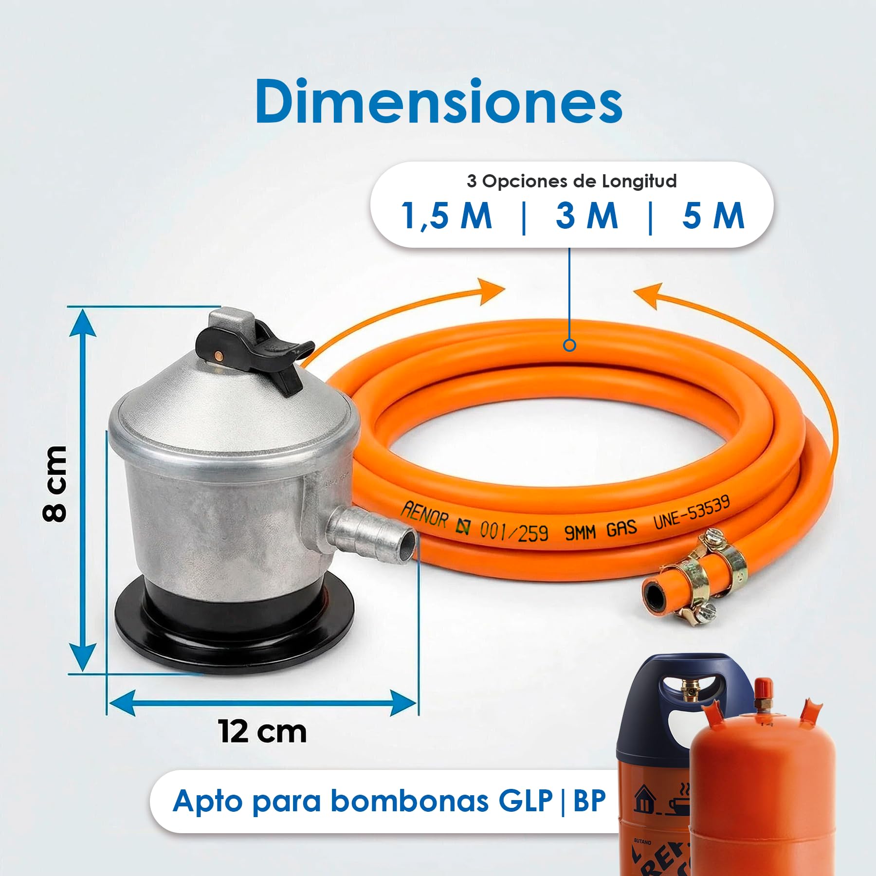 Kit Regulador Gas Butano 30 mbar Homologado + Manguera 1,5 m / 3 m / 5 m y Abrazaderas – Regulador para Bombonas de Gas en Cocinas, Camping, Hornillos, Barbacoas y Paelleros (DOBLE XXL - 3,0 m) — view 6