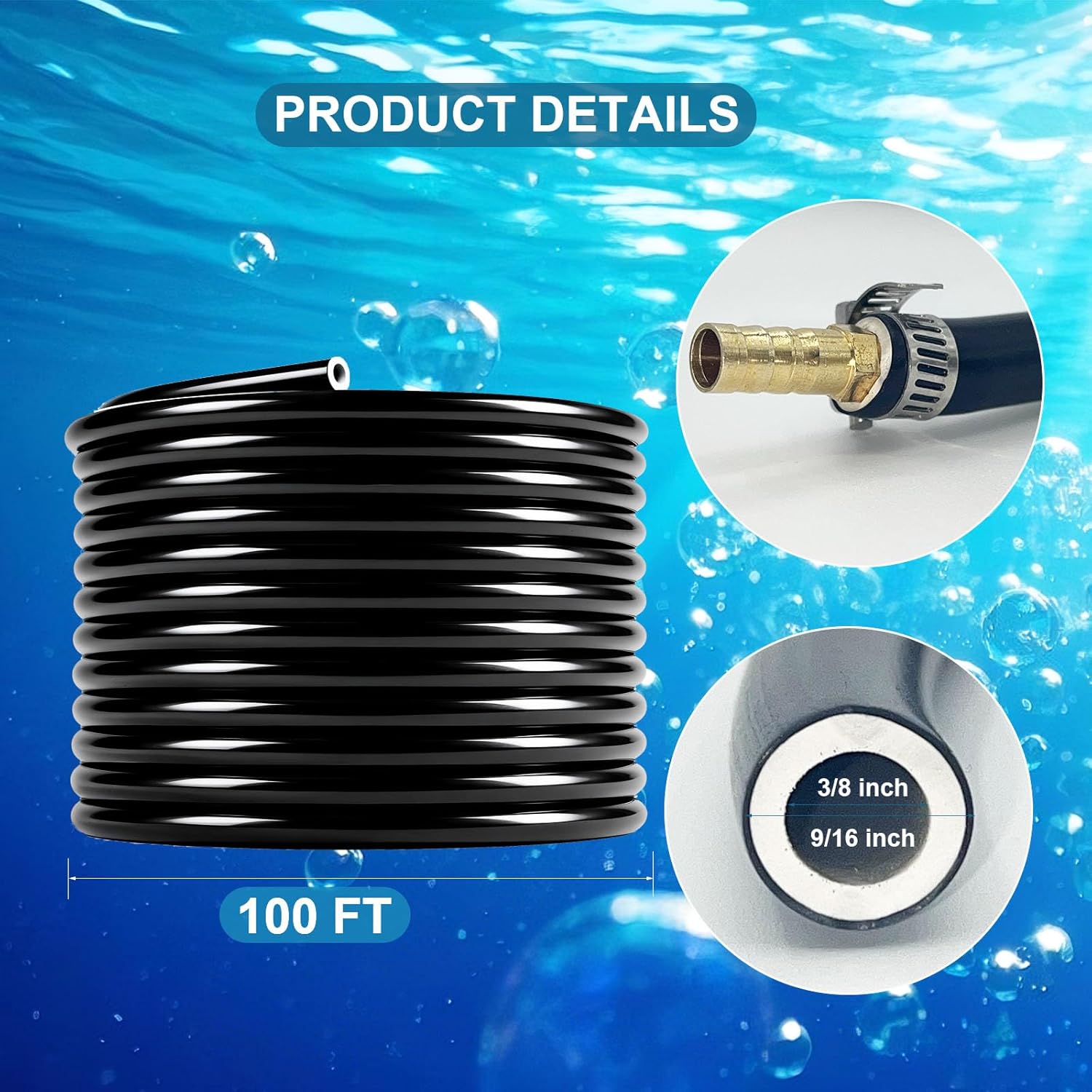 3/8 Inch Self-Sinking Aeration Hose, Heavy-Duty Weighted Pond Tubing with 8 Stainless Steel Clamps and 4 Copper Menders for Ponds, Lakes, Aquaculture (100 FT)