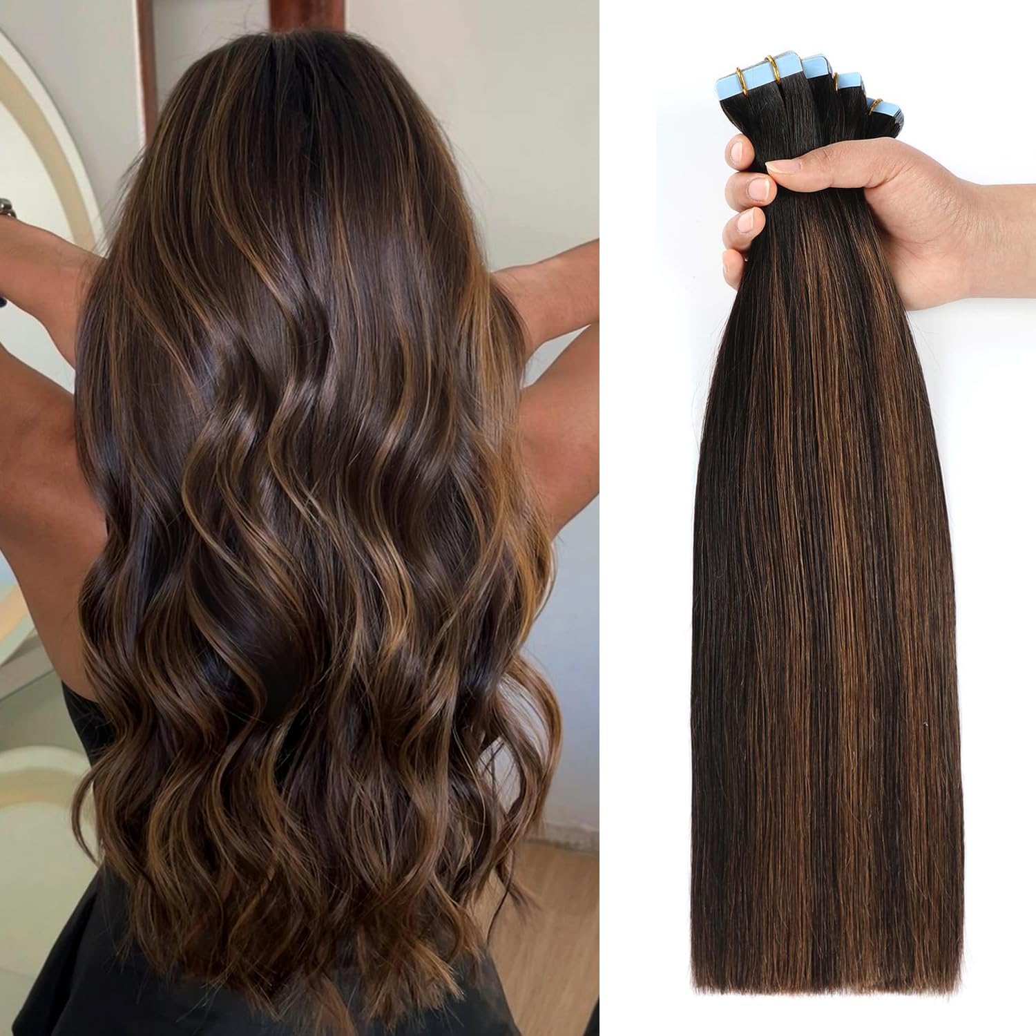 JESSBO Tape in Hair Extensions Human Hair Straight Natural Black to Chestnut Brown 18 inch 20pcs 50g/pack Remy Human Hair Seamless Skin Weft Full Thick Ends (18 Inch #P1B/6/T1B)