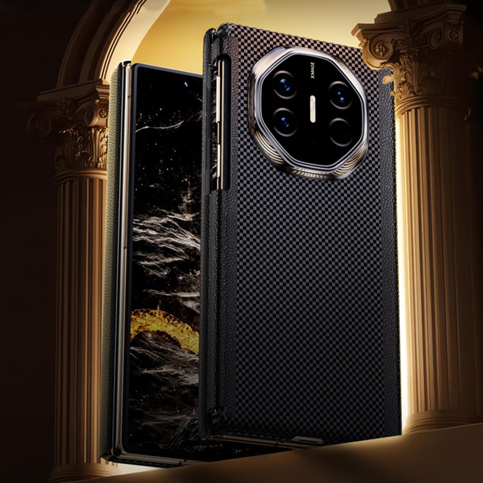 Housse pour Huawei Mate XT, Charnière Antichoc Coque Arrière en Cuir Fibre De Carbone Texture Mince Luxe Protection Étui,Noir,Mate XT