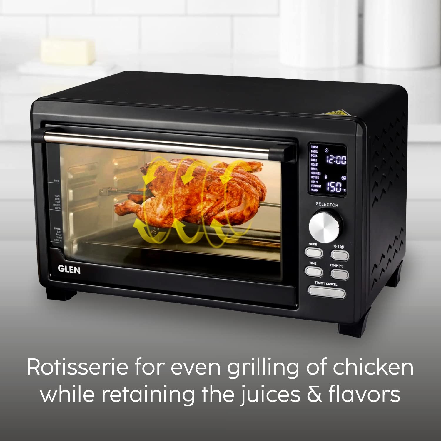 Glen 23 Litre Digital OTG showing a chicken roasting on the motorized rotisserie.