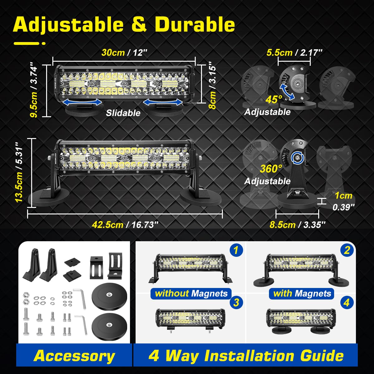 Magnetische LED-Lichtleiste, Superhelle 12 Zoll Combo Beam Zigarettenanzünder Lichtleiste 6000K mit starken Magneten 4-Wege-Montage, 12V 24V Traktor Arbeit Lichtleiste für ATV Autos Anhänger